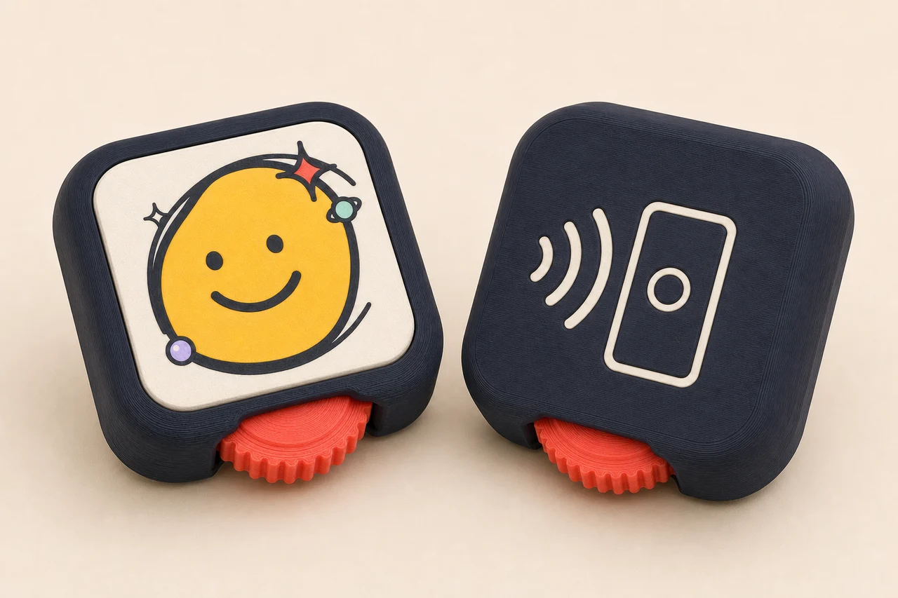 Concept rendering showing front and back views of the rounded NFC Pocket Fidget