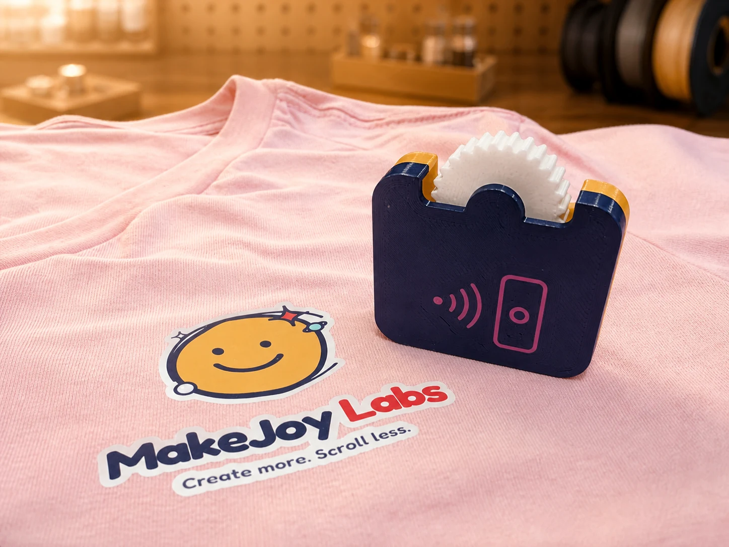 A handmade pink MakeJoy Labs shirt beside the NFC pocket fidget